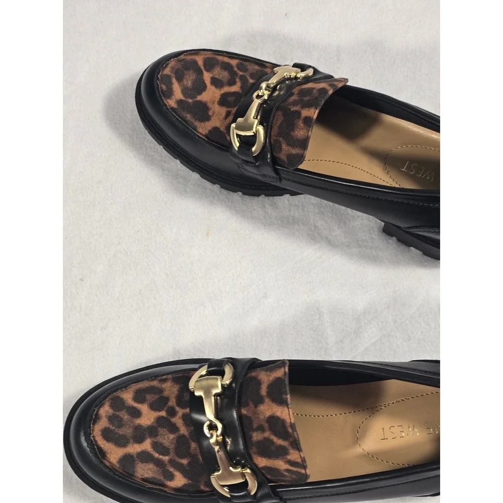 Nine West Wnnewdale8 Leopard Print Horsebit Lug Sole Loafers Black Women 6M new